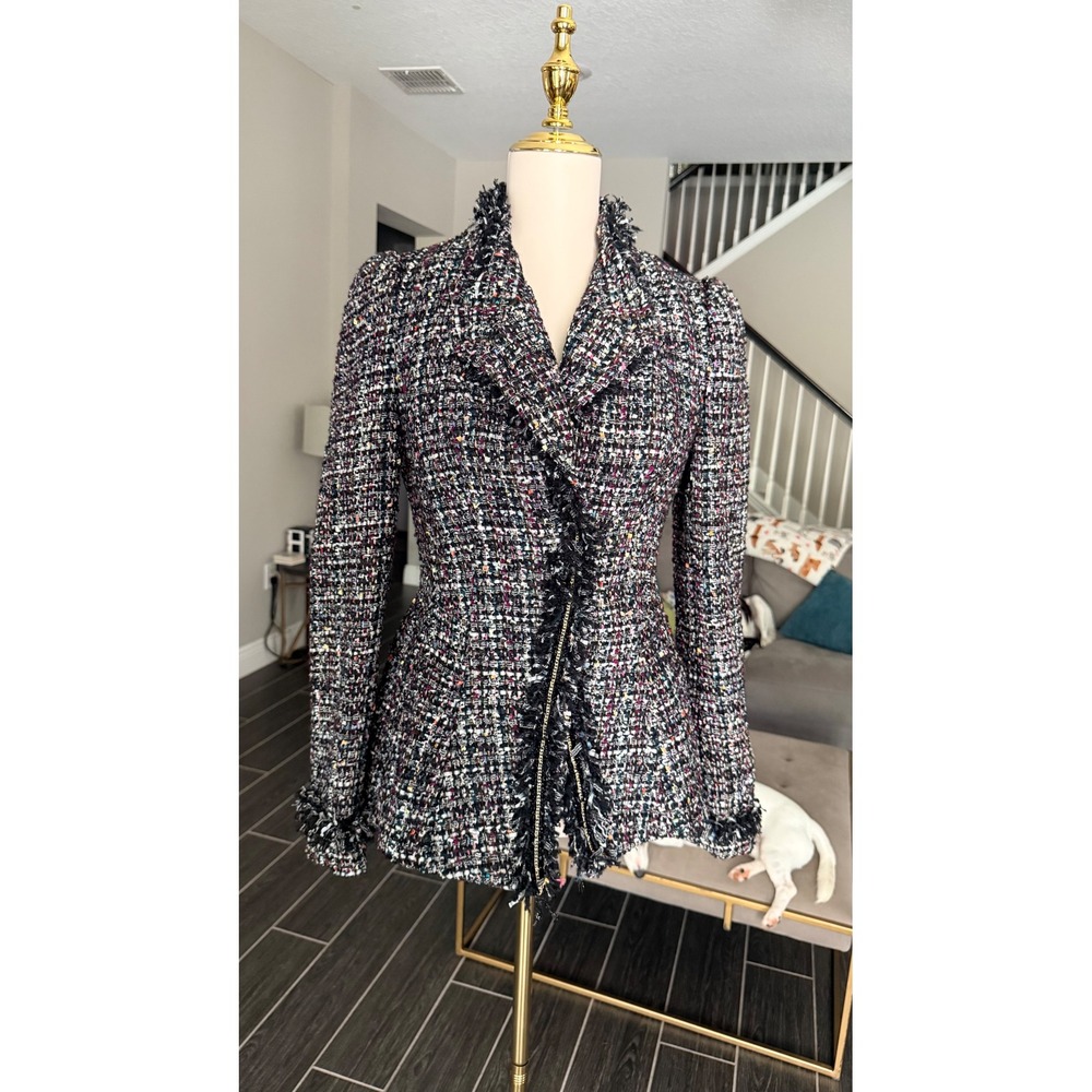 McGinn Nordstrom Metallic Tweed Fringe Asymmetrical Blazer Jacket Womens 4 - Picture 5 of 16